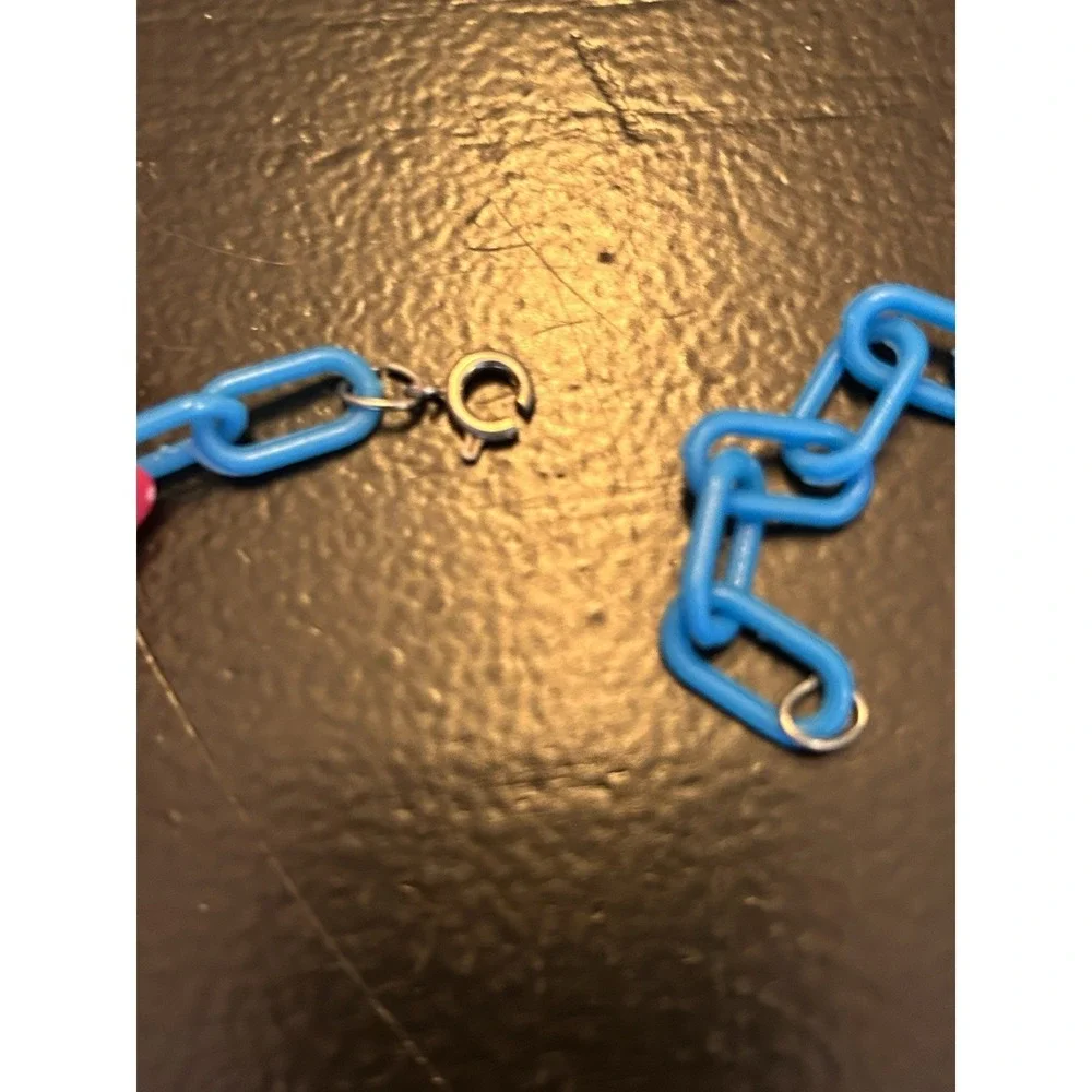 Vintage 80s Plastic Clip On Bell Charm Necklace 3 Charms Blue Chain‎ READ